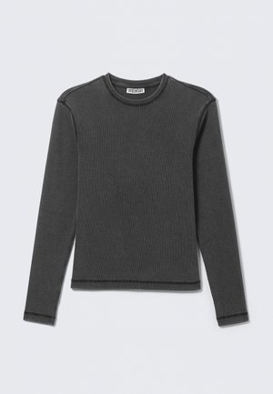 Long-sleeve shirt in dark gray ribbed fabric, featuring a crew neck and contrast stitching along the seams. Simple, fitted design.