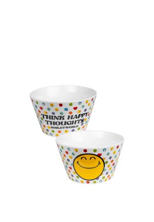 Two white bowls decorated with colorful small smiley faces, one showing a large yellow smiling face, the other with text "Think Happy Thoughts."