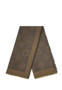 Bruine sjaal met een geborduurd patterontwerp in gouden tinten, met franjes aan de randen en een gladde textuur.