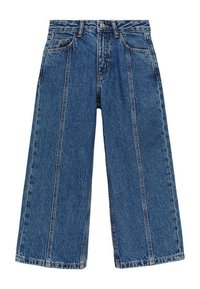 Jean en denim à jambes larges de couleur bleu moyen. Fabriqué en coton résistant, il dispose de poches avant, d'une fermeture à bouton et de détails de couture visibles.