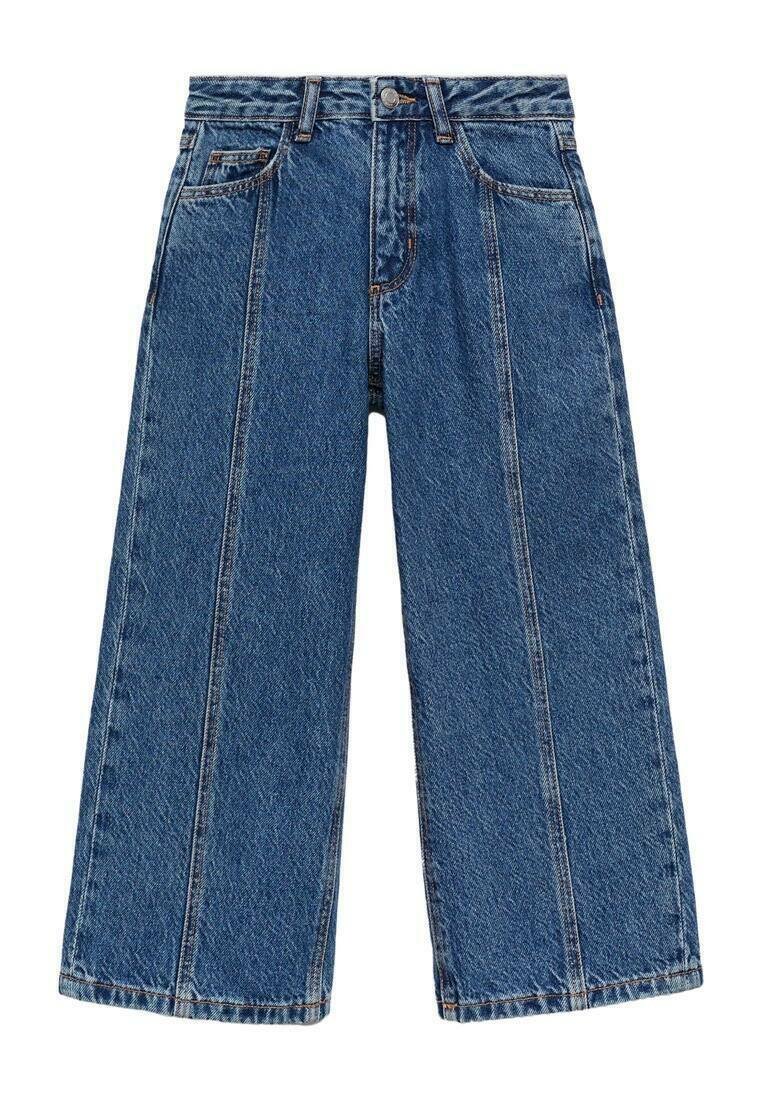 Jean en denim à jambes larges de couleur bleu moyen. Fabriqué en coton résistant, il dispose de poches avant, d'une fermeture à bouton et de détails de couture visibles.