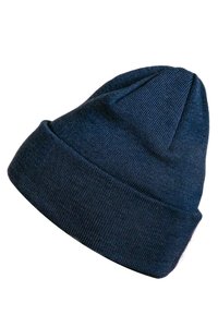 Navy blue knit beanie hat with a folded cuff, textured fabric, and a tapered top. Lightweight design suitable for cold weather wear.