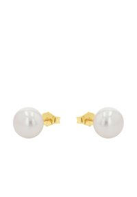 Pendientes de perla con perlas blancas grandes, superficie lisa y cierres de oro amarillo. Diseño redondo simple con textura pulida.