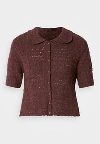 Κοντομάνικο μπορντό cardigan με υφασμάτινο σχέδιο, κυματιστό στρίφωμα και στρογγυλό γιακά που διαθέτει καφέ κουμπιά μπροστά.