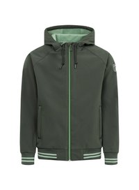 Kapuzener Jacke aus dunkelgrünem Stoff mit heller grüner Innenseite, ausgestattet mit einem Frontreißverschluss, zwei Seitentaschen und gestreiften Bündchen.