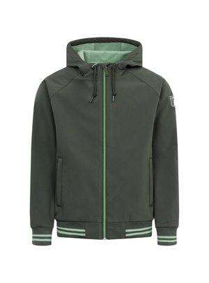 Kapuzener Jacke aus dunkelgrünem Stoff mit heller grüner Innenseite, ausgestattet mit einem Frontreißverschluss, zwei Seitentaschen und gestreiften Bündchen.