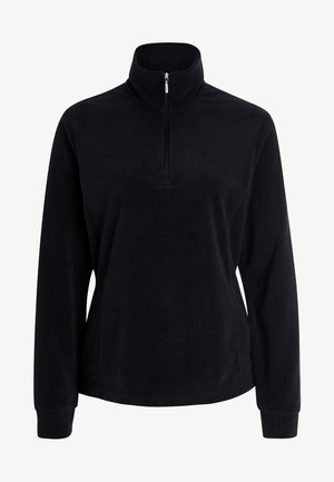 Sort fleece hoodie med halv-zip krave, lange ærmer og en glat tekstur. Enkel design uden synlige mønstre eller accenter.