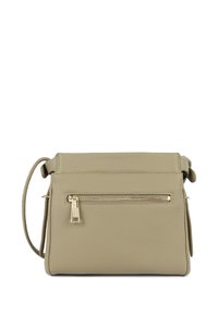 Beige leather crossbody bag with a textured surface, gold hardware, a front zip pocket, and an adjustable strap. Rectangular shape.