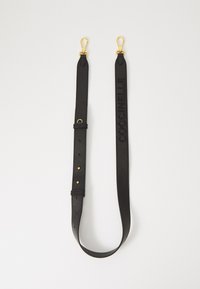 Black leather handbag strap with gold-tone metal hardware. Features embossed branding and adjustable length with multiple holes for sizing.