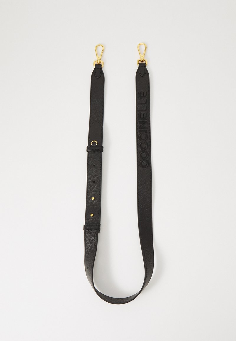 Black leather handbag strap with gold-tone metal hardware. Features embossed branding and adjustable length with multiple holes for sizing.