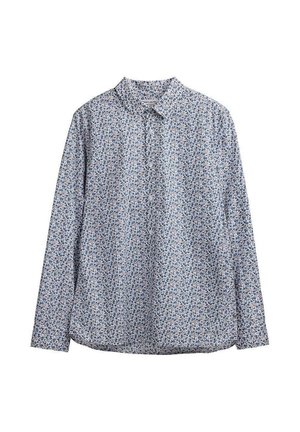 Chemise à manches longues à boutons avec imprimé floral bleu et orange sur fond blanc, dotée d'un col classique.