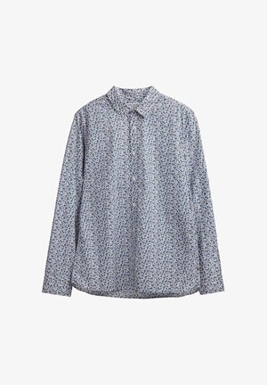 Chemise à manches longues à boutons avec imprimé floral bleu et orange sur fond blanc, dotée d'un col classique.