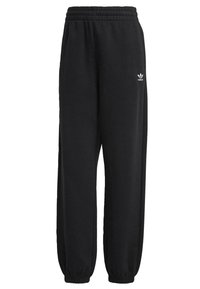 Black cotton sweatpants with an elastic waistband and cuffs. Features a small white logo on the upper left leg. Straight-leg design.