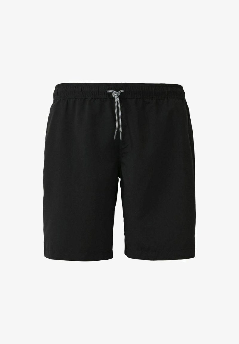 Zwarte shorts met een elastische tailleband en een verstelbaar trekkoord; gladde stof en lengte boven de knie; geen zichtbare zakken of versieringen.