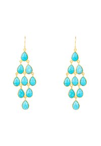 Pendientes de oro que presentan múltiples piedras en forma de lágrima de color turquesa en diferentes tamaños, creando un diseño en cascada con un acabado pulido.