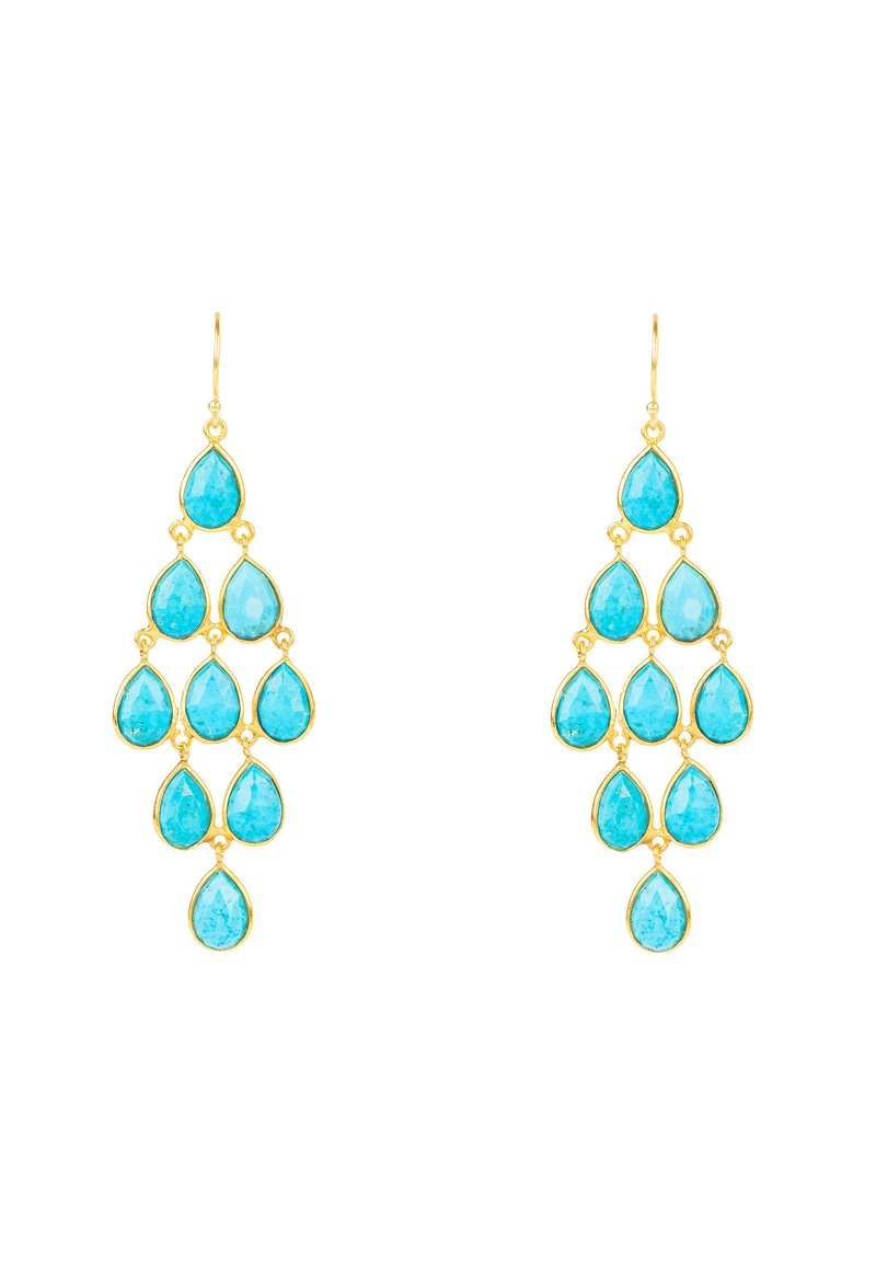Pendientes de oro que presentan múltiples piedras en forma de lágrima de color turquesa en diferentes tamaños, creando un diseño en cascada con un acabado pulido.