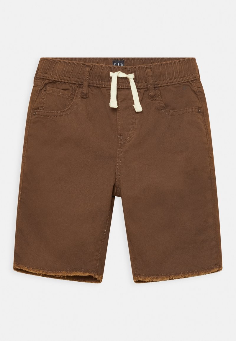 Shorts marron à la hauteur du genou avec taille élastique et cordon blanc, comprenant des poches avant et des bords bruts.