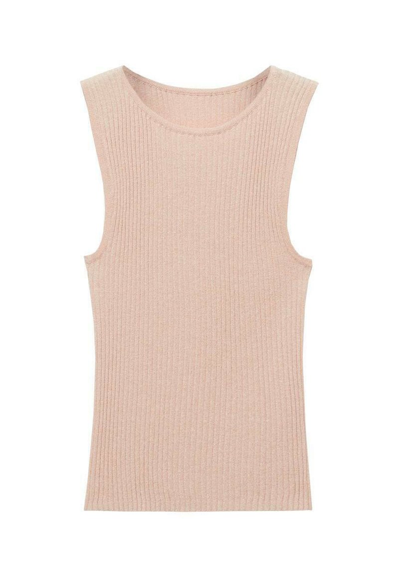 Helles rosa, geripptes Tanktop mit figurbetonendem Design, ärmellosem Schnitt und weicher Textur. Keine Verzierungen oder Muster.