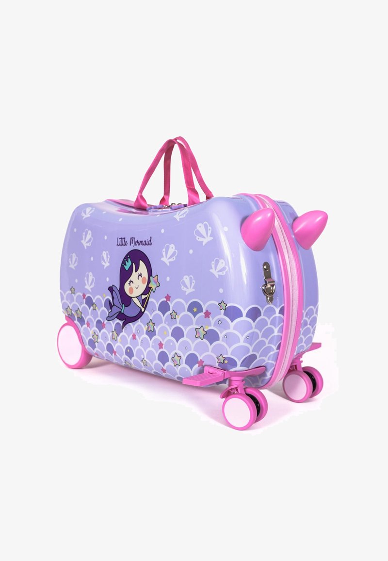 Purple hard-shell suitcase with pink handles, wheels, and accents. Features a mermaid graphic with star and shell patterns. Zipper closure.