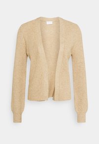 Beige stickad cardigan med ribbad textur, öppen front, långa ärmar och åtsittande cuffs. Designad med en avslappnad silhuett.