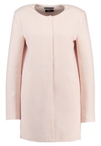 Manteau pour femme de couleur rose clair, à manches longues, avec un col rond, une fermeture avant cachée et des poches latérales.