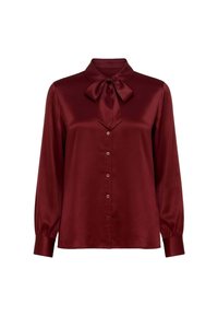 Blusa di raso bordeaux con fiocco al collo, maniche lunghe, chiusura frontale con bottoni e polsini arricciati. Texture liscia e design classico.