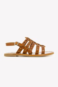 Brown leather sandals featuring multiple straps with star-shaped cutouts, a buckled ankle strap, and a flat sole.