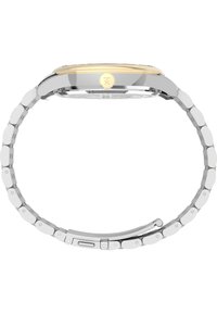 Silver metal watch with a gold-tone bezel, linked bracelet design, and a round case. Features a tang clasp and circular etched pattern on the back.