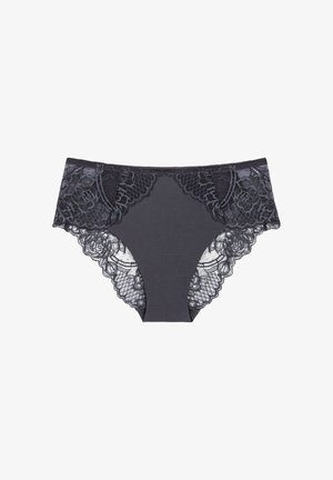 Zwart ondergoed met een glad stoffen middenstuk, voorzien van verfijnde zwarte kant aan de zijkanten en een getande kanten rand bij de beenopeningen.