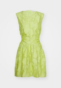 Robe verte lime en tissu léger et texturé avec un motif floral ; corsage ajusté, jupe évasée et fermeture éclair au dos.