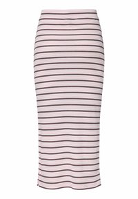 Ceļa garuma rozā svārki ar horizontālām svītrām tumšākos toņos, izgatavoti no elastīga auduma, ar sānu šķēlumu vieglai kustībai.