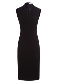Czarna sukienka bez rękawów o dopasowanym kroju, z wysokim kołnierzem i zamkiem błyskawicznym z tyłu. Gładki materiał z minimalną ilością szwów.