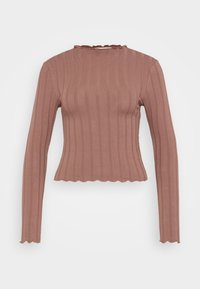 Ribbed long-sleeve top in rosy-brown fabric, featuring a scalloped neckline and hem, with a fitted silhouette and textured stripes.