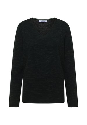 Zwarte long-sleeve pullover met een V-hals. Gemaakt van gestructureerde stof, met een gemêleerd patroon en subtiele kleurvariaties. Merkenlabel zichtbaar.