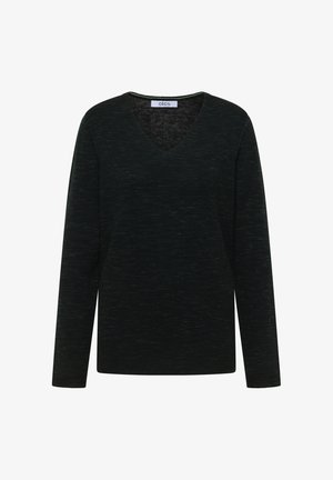 Black long-sleeve pullover with a V-neck. Made from textured fabric, featuring a heathered pattern with subtle color variations. Brand label visible.
