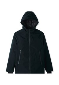 Giacca nera con cappuccio realizzata in un materiale liscio e resistente all'acqua. Presenta tasche con zip e un design semplice con minimi dettagli.