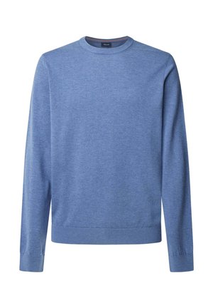 Maglione blu realizzato in morbido tessuto a maglia, caratterizzato da un collo a giro, maniche lunghe e polsini e orlo a costine. Tessuto liscio senza fantasie.
