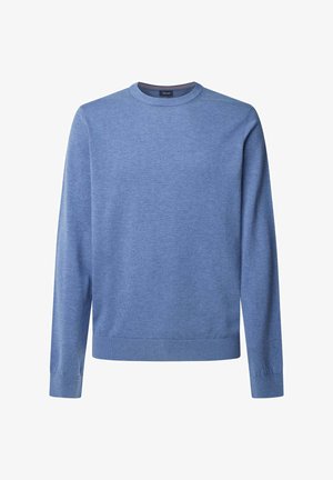 Maglione blu realizzato in morbido tessuto a maglia, caratterizzato da un collo a giro, maniche lunghe e polsini e orlo a costine. Tessuto liscio senza fantasie.
