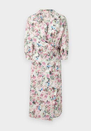 Floral wrap dress in lightweight fabric. Features short sleeves, a collar, tie waist, and a pastel color palette with pink, green, and blue flowers.