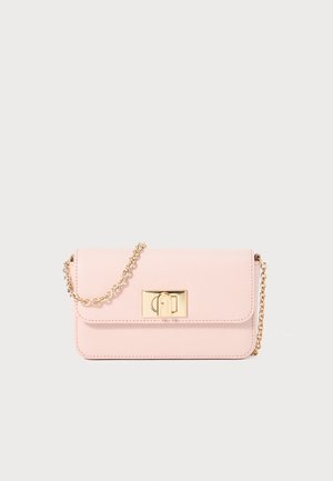 Light pink leather handbag with a textured finish, gold chain strap, and a rectangular shape. Features a gold clasp on the front.