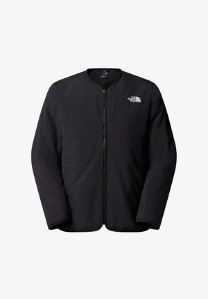 Sort isoleret jakke med rund halsudskæring, frontlynlås og The North Face-logo i hvidt på venstre bryst. Ensartet tekstur.