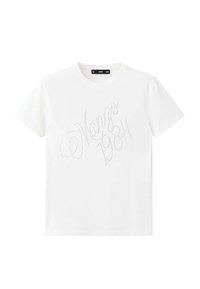 Witte katoen t-shirt met korte mouwen, voorzien van een stippen scriptontwerp dat "Mango 1984" over de voorkant leest.
