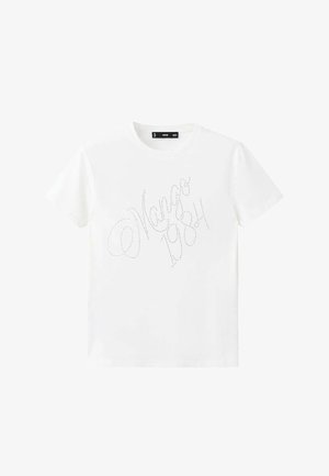 T-shirt en coton blanc à manches courtes, avec un design à script en points qui indique "Mango 1984" sur le devant.