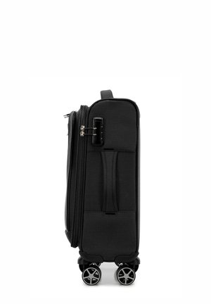 Černý tvrdý kufr s texturovanou látkou, dvojitým zapínáním na zip, horním madlem pro přenášení a čtyřmi vícedirigovanými kolečky. Kompaktní design.