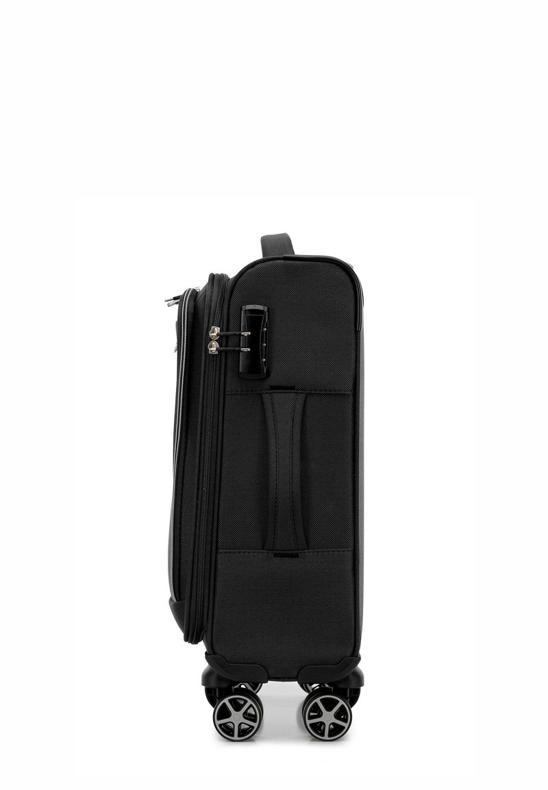 Černý tvrdý kufr s texturovanou látkou, dvojitým zapínáním na zip, horním madlem pro přenášení a čtyřmi vícedirigovanými kolečky. Kompaktní design.