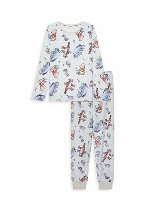 Langärmeliges Pyjama-Set aus weichem weißem Stoff mit verspielten Cartoon-Figuren, darunter ein Bär, ein Tiger und ein Esel, vor einem verspielten Muster.