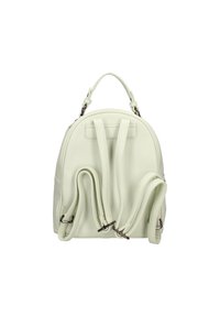 Zaino in pelle verde chiaro con forma arrotondata, spallacci regolabili, manico superiore e design minimalista. Presenta una texture liscia e cuciture sottili.