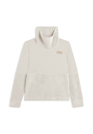 Pull beige clair à manches longues avec col cheminée haut, manches à poignets et petit logo orange "FREDDY" sur la poitrine gauche.