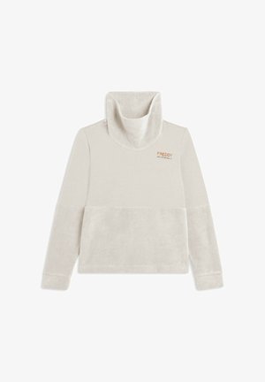Pull beige clair à manches longues avec col cheminée haut, manches à poignets et petit logo orange "FREDDY" sur la poitrine gauche.