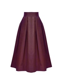 Fioletowa spódnica w kształcie litery A wykonana z fakturowanej tkaniny, z plisami i wysokim pasem, sięgająca do swobodnego dołu.